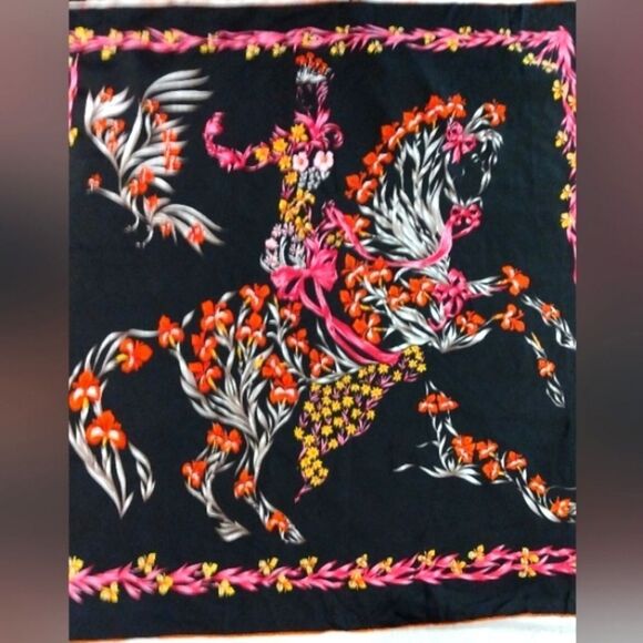 Vintage Floral Black & Pink Silk Scarf Horse Flowers Cheval Fleuri Foulard - Picture 2 of 16
